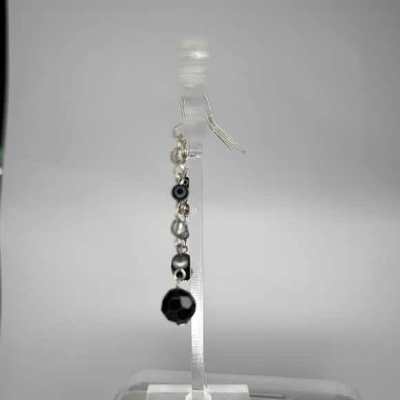 Black and Silver Linear Drop Earrings with Beads - Picture 3 of 4